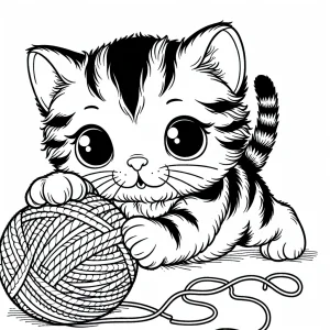 página para colorear de un gatito tierno jugando con un ovillo de lana, ideal para imprimir y colorear