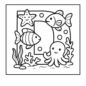Malvorlage Buchstabe D mit Unterwasserwelt, kostenlose coloring page zum Ausmalen für Kinder