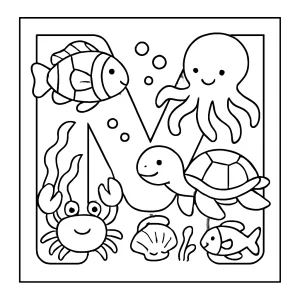 Omalovánka písmene M s podmořskými tvory ke stažení zdarma – coloring page pro děti