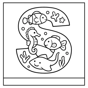 Omalovánka písmeno S zaplněné mořskými tvory, coloring page pro děti zdarma