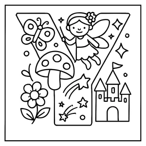 Omalovánka písmeno Y vyplněné pohádkovými ikonami – coloring page k vybarvení zdarma