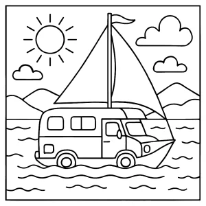 Malvorlage eines Amphibien-Campers, der sich auf einem See in ein Segelboot verwandelt – kostenlose coloring page zum Ausmalen
