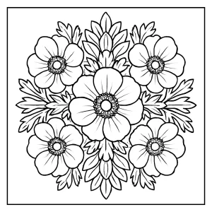 Mandala z anemonů omalovánka – detailní květinová coloring page pro tisk a vybarvení