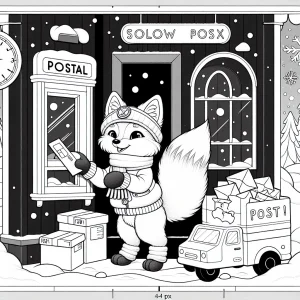 Arktischer Fuchs als Postbote im Schnee – Malvorlage zum Ausmalen (coloring page)