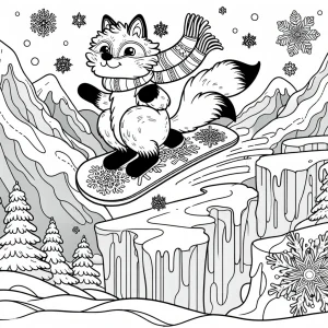page de coloriage d'un renard arctique sur un snowboard en forme de flocon, glissant sur des icebergs glacés