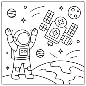 Astronaut slaví u orbitální nemocnice - omalovánka zdarma k vytisknutí