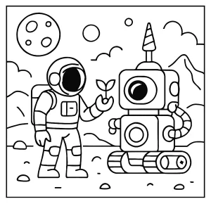 Astronaut objevuje terraformovacího robota - omalovánka coloring page pro děti k vytištění zdarma