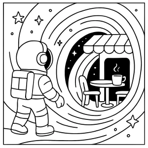 Omalovánka astronaut objevuje kavárnu v červí díře – omalovánka zdarma k vytištění