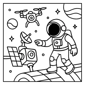 Astronaut opravuje satelitární dron – vesmírná omalovánka pro děti ke stažení zdarma