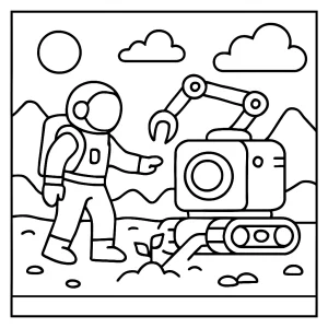 Vesmírná omalovánka zdarma s astronautem a terraformovacím robotem k vybarvení