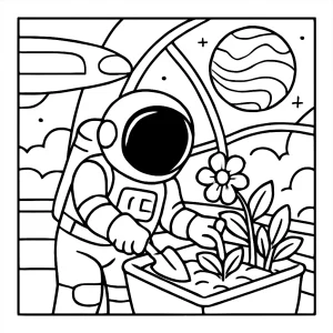 Astronaut zalévající rostliny na vzducholodi u Venuše omalovánka - coloring page pro tisk