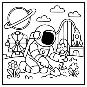 Astronaut zahradníkem v zábavním parku, omalovánka zdarma k vybarvení