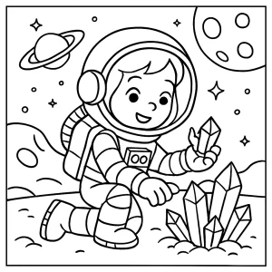 Astronautka sbírá krystaly – omalovánka zdarma k vytisknutí pro děti