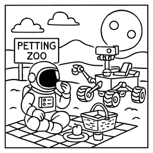 Omalovánka astronaut na pikniku v zoo marsovských roverů – coloring page k vytištění