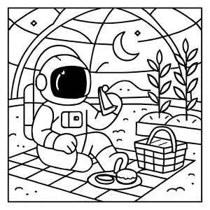 Omalovánka astronaut na pikniku v lunární zahradě, coloring page zdarma k vytištění