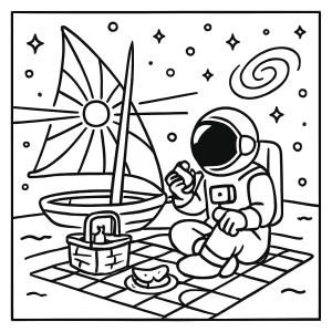 Astronaut na pikniku na vesmírné plachetnici – omalovánka ke stažení zdarma