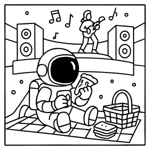 Astronaut enjoying a picnic at a zero-gravity concert hall coloring page, free printable for kids
