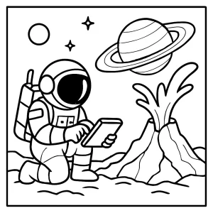 Astronaut zkoumá ledovou sopku na Enceladu - omalovánka k vytištění zdarma