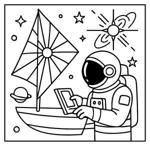 Omalovánka astronaut provádějící výzkum na pulsarové plachetnici, vesmírná scéna k vybarvení zdarma