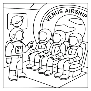 Astronaut training recruits in Venus airship - omalovánka, coloring page pro děti