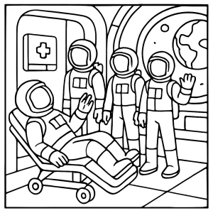 Astronaut training recruits in orbital hospital coloring page – omalovánka pro tisk