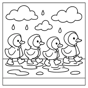 Página para colorear de gansitos bebés desfilando con impermeables y botas sobre un camino de charcos