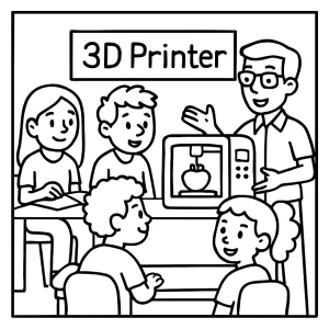 Omalovánka scény školního klubu s 3D tiskárnou – coloring page ke stažení zdarma