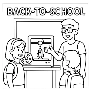 Omalovánka zdarma s dětským klubem 3D tisku ve škole – coloring page pro tisk a vybarvení