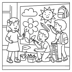 Omalovánka s dětmi malujícími školní nástěnnou malbu – coloring page zdarma k vytištění