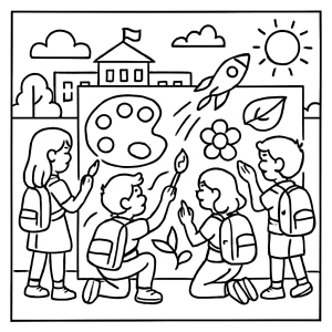 Omalovánka s dětmi malujícími školní mural – coloring page zdarma k vytištění