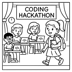 Coloring page – omalovánka školního hackathonu s dětmi programujícími u počítačů