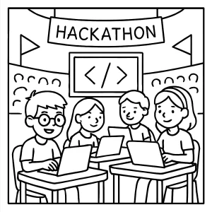 Omalovánka coloring page – děti na hackathonu, kódování v aréně, zpátky do školy