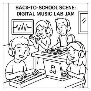 Omalovánka zdarma: děti v digitální hudební laboratoři ve škole – coloring page