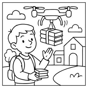 Omalovánka zdarma – dron doručuje učebnice do školy, tisknutelná stránka pro děti