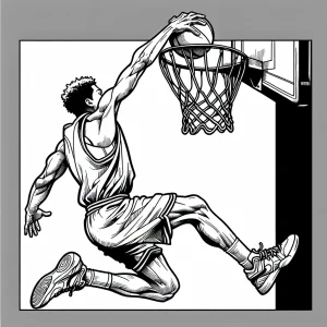Basketbalista vykonávajúci slam dunk – športová omalovánka na vytlačenie zdarma