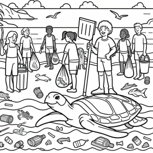 Página para colorear de niños limpiando la playa con una tortuga marina sonriente animándolos
