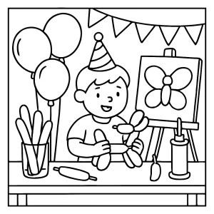Omalovánka narozeninová balónková dílna – coloring page s dětmi, balónky a oslavou k vybarvení zdarma.