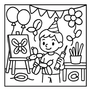 Omalovánka narozeninová oslava s balónky – coloring page zdarma pro děti