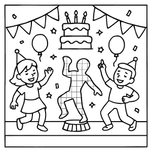 Hologram dance-off narozeniny omalovánka – coloring page s tanečníky na párty k vybarvení zdarma