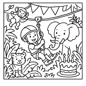 Džungle zipline coloring page omalovánka – narozeninové dobrodružství dětí v džungli na lanové dráze, zdarma k vytištění