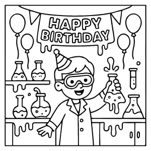 Neonová slizová laboratoř narozeninová omalovánka – coloring page s vědeckou párty a slizem