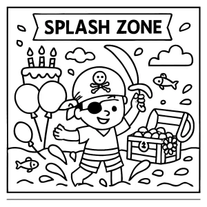 Pirátská narozeninová omalovánka s pokladem a vodní splash zónou – coloring page pro děti