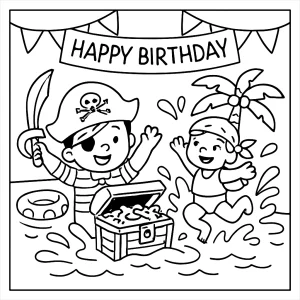 Omalovánka zdarma – pirátská narozeninová párty s pokladem a vodními balónky, coloring page pro děti k vytištění