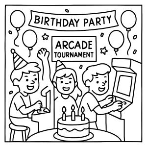 Retro arcade birthday party omalovánka – coloring page s herními automaty a dětmi na oslavě