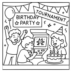 Retro arkádová narozeninová omalovánka – coloring page s dětmi, automaty a balónky k vybarvení