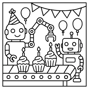 Kostenlose Malvorlage: Roboter und Cupcakes auf einer Geburtstagsparty, coloring page zum Ausdrucken
