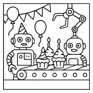 Robotí cupcake továrna na narozeninové oslavě – omalovánka zdarma ke stažení