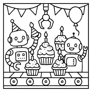 Robot cupcake assembly line omalovánka – dětská coloring page s roboty na narozeninové oslavě