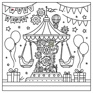 Omalovánka steampunkového kolotoče na narozeninové oslavě – coloring page pro děti zdarma