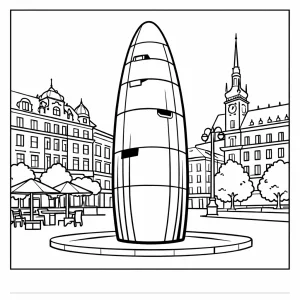Brno Astronomical Clock coloring page for free printable fun, featuring clean contour lines of the modern sculpture at Freedom Square.